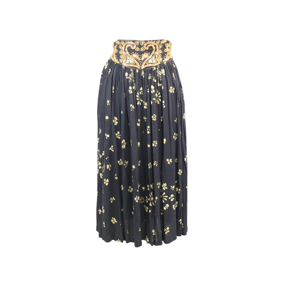 1990's Black Boho Gypsy Witch Skirt with Wide Beaded Waistband